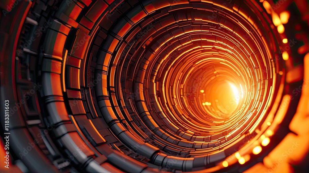 Poster layer abstract background idea. a futuristic tunnel with glowing orange light illuminating metallic 