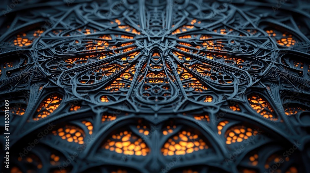 Poster Layer abstract background idea. Intricate stained glass window with vivid colors and detailed patterns illuminated brilliantly.