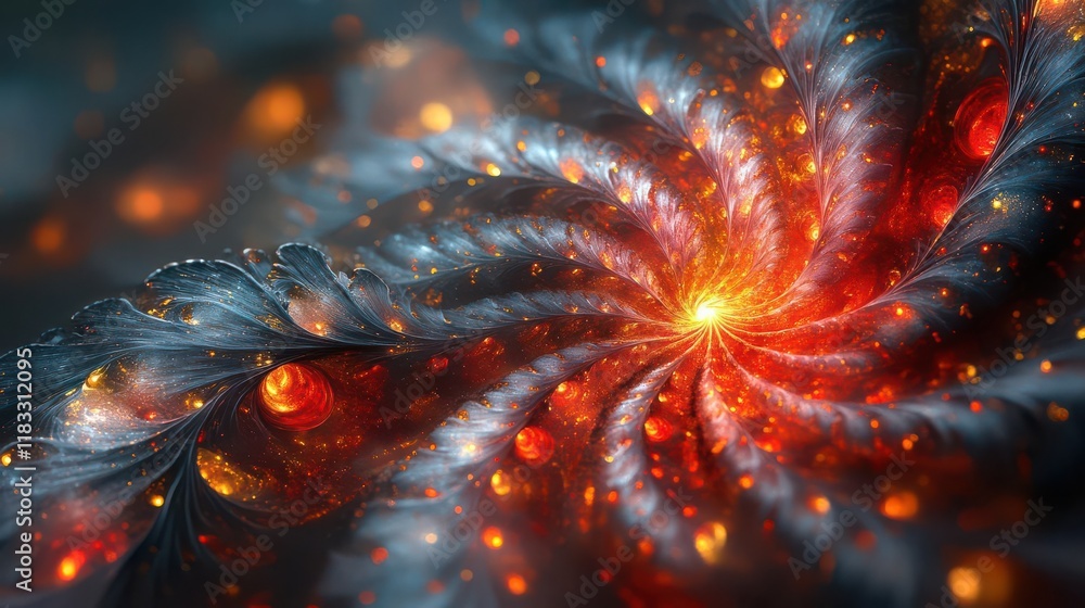 Poster a vibrant, swirling fractal pattern with glowing orange and red highlights, creating a mesmerizing c