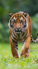 Obraz premium Majestic tiger walking through lush green jungle with intense gaze