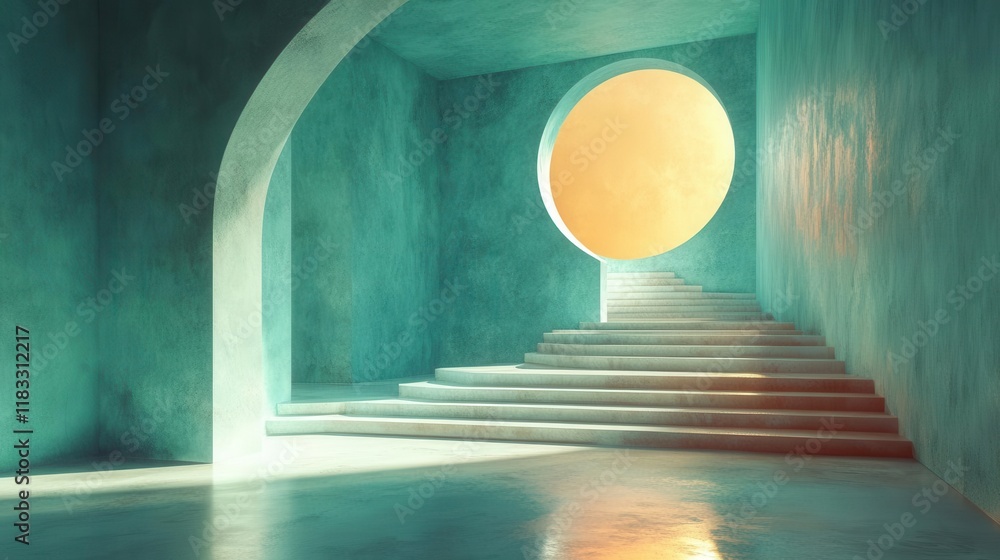 Poster a serene interior space featuring curved architecture, a large circular window, and illuminated stai