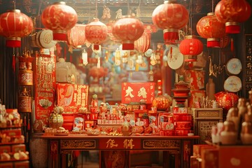 Vibrant Chinatown Street Scene Adorned with Festive Red Lanterns and Golden