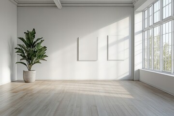 Empty room, sunlight, plant, canvases, window, mockup, interior, design, home, advertisement