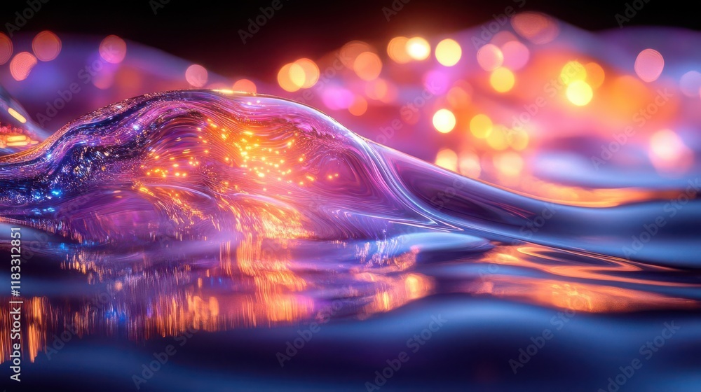 Poster a vibrant abstract depiction of colorful waves, illuminated by shimmering lights, creating a mesmeri