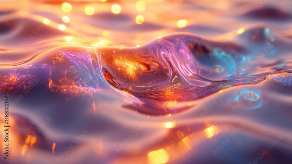 Poster a vibrant, shimmering surface of liquid, displaying dynamic waves and colorful reflections, creating