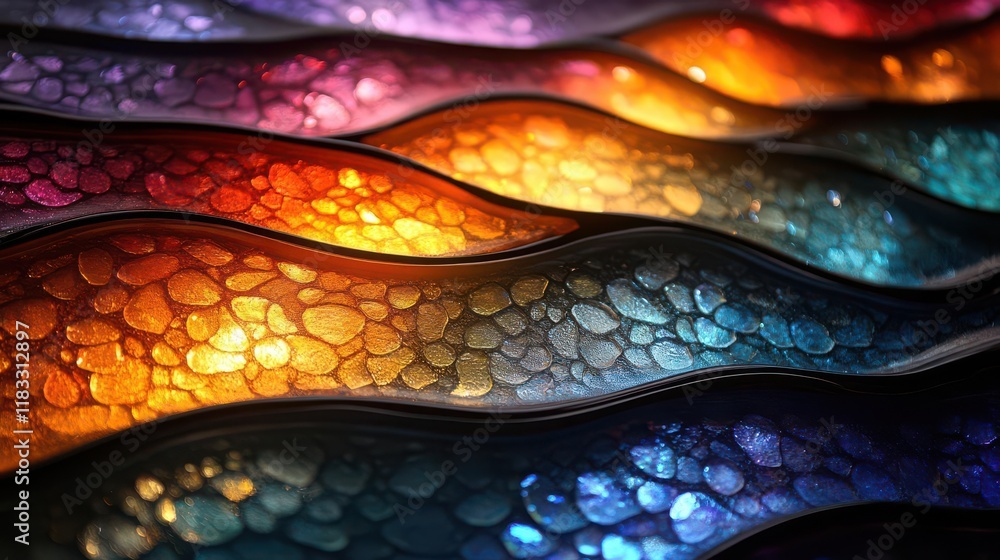 Poster A vibrant, abstract image featuring colorful, wave-like patterns with a textured surface, showcasing a blend of light and color.