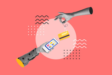 A woman's hand holding a phone is losing money on fashion items, Luxury products, Online payment, Automatic payment, Contemporary art collage