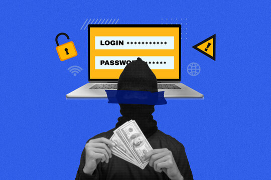Online hacker steals money from computer, Cyber security, Internet crime and electronic banking security, Contemporary art collage, Blue background