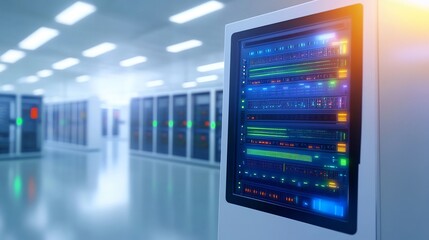 High-Tech Server Rack Glowing Brightly in Modern Data Center Photo. AI Generated