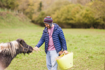 volunteer feeding pony hay in asturias animal sanctuary