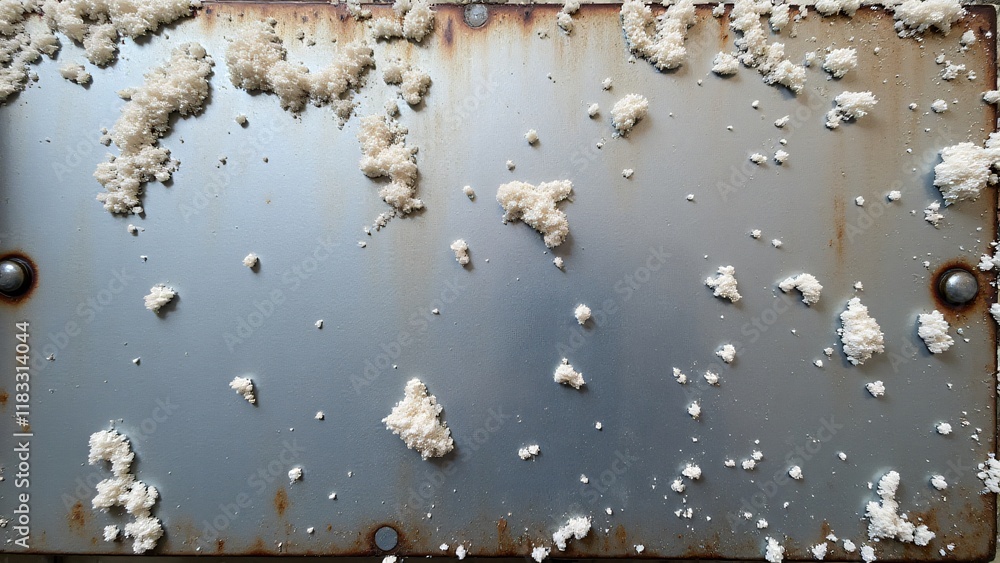 Aufkleber metal surface with a rough texture due to embedded salt crystals, creating an uneven, gritty appeara