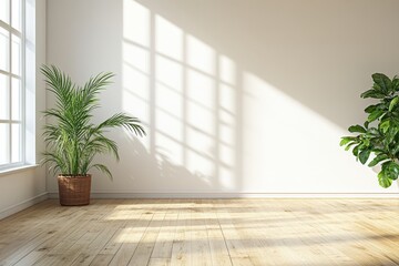 Sunlit Room, Plants, Wooden Floor, White Wall, Interior Design