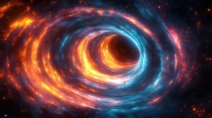 A vibrant cosmic swirl depicting a black hole, surrounded by brilliant hues of blue and orange, illustrating the beauty of the universe.