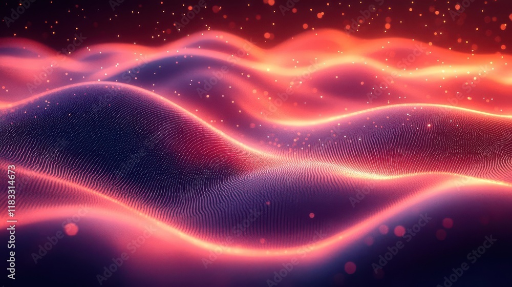 Poster a mesmerizing visualization of flowing waves with vibrant red and purple hues, creating a dynamic an
