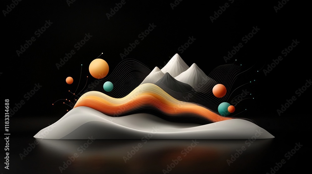 Poster surreal and abstract 3d landscape with a deep dark background and a captivating wave like pattern co