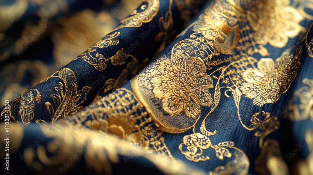 Poster layer abstract background idea. luxurious fabric with intricate golden floral patterns on a dark blu