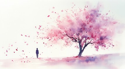 Obraz premium Watercolor Cherry blossom blooming flower,Sakura tree or forest side view,Cherry tree spring flower background,elements for environment and garden,botanical in spring season.