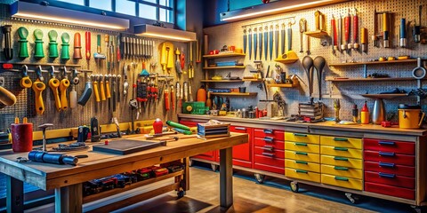 Organized Workshop with Hand Tools & Storage Solutions - High-Quality Stock Photo