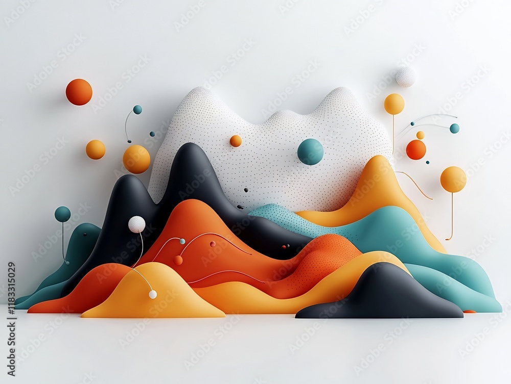 Poster surreal pastel colored landscape with flowing dots and swirling lines across a mountainous terrain c
