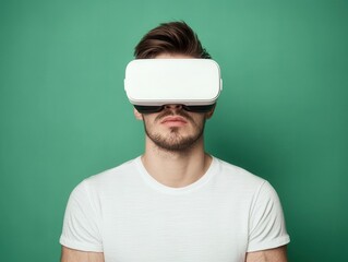 Young Man Engaging with Virtual Reality Headset Against Green Background for Technology and Innovation Concepts in Modern Digital Life