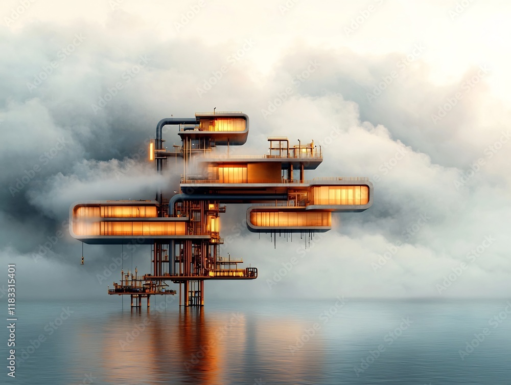 Poster dramatic and futuristic offshore oil and gas platform at dusk with tranquil ocean and fluffy clouds 