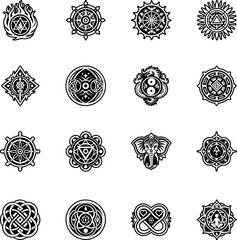 Set of Buddhist Soul Symbols Glyph Style Icons
