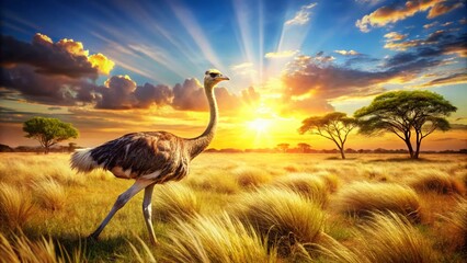Ostrich in African Savanna, Wild Bird Walking in Grassland