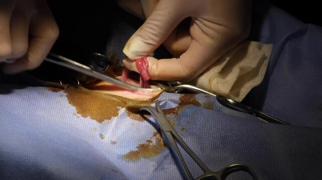 Spay and neuter surgery on a female cat in the operating room of a veterinary clinic