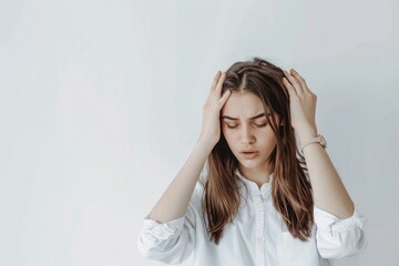 Naklejka premium Stressed woman holding head