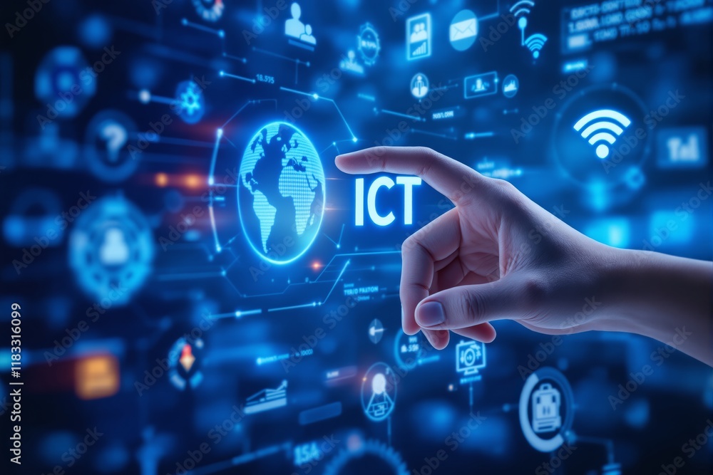 Aufkleber hand interacting with ict icon on glowing blue background, surrounded by technology icons and world 