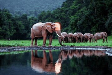 Fototapeta premium Animal Environmental ScienceTechnology concept. A herd of elephants near a tranquil waterbody reflects the lush greenery and serene landscape in a captivating wildlife scene.