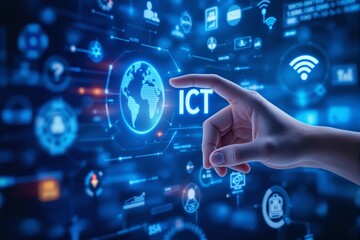 Fototapeta premium Hand interacting with ICT icon on glowing blue background, surrounded by technology icons and world map, representing advanced communication concepts. Ai generative