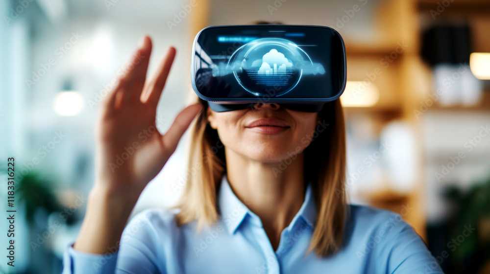 Poster exploring agentic ai in virtual reality a woman engages with interactive technology in a modern offi