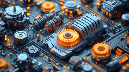 Mechanical engineering concept, gears and tools in 3D isometric projection vector illustration, cogwheels and cogs system technology and technics work in progress.