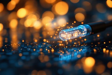 Fiber optic cable emitting binary code with glowing bokeh lights, surrounded by a futuristic digital background. Concept of data transmission. Ai generative