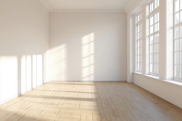 Sunlight streams into empty room, hardwood floor, design mockup
