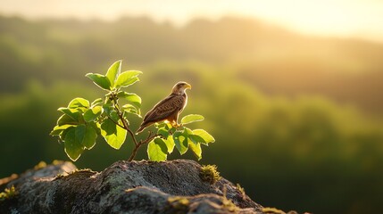 Animal Environmental ScienceTechnology concept. A bird perched on a rock among vibrant green leaves, bathed in warm sunlight, creating a serene natural scene.