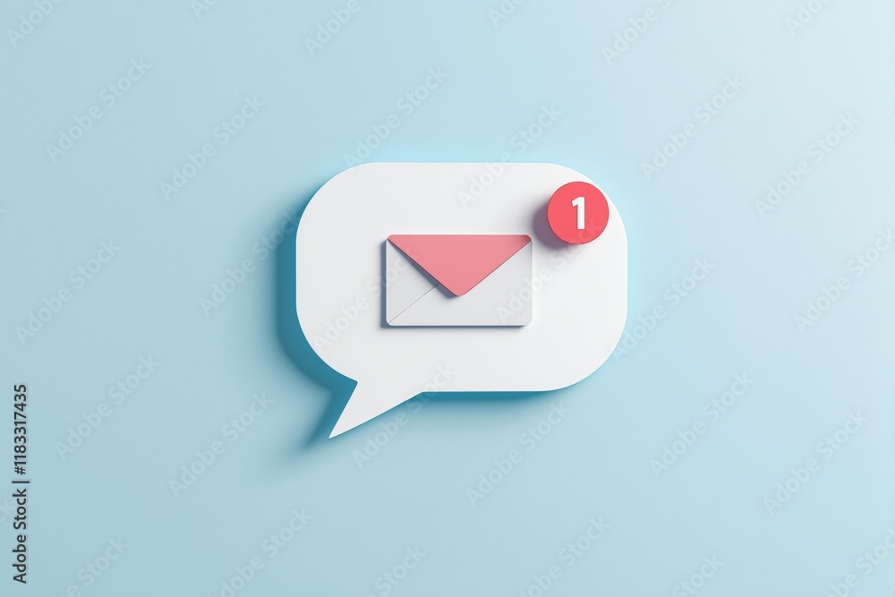 Poster speech bubble with an envelope and a red notification alert inside, minimalist design, light blue ba