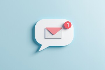 Speech bubble with an envelope and a red notification alert inside, minimalist design, light blue background, concept of a new message alert. Ai generative