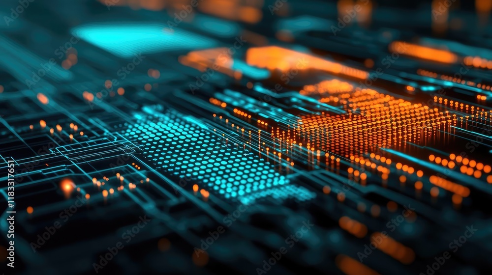 Poster matrix abstract background idea. close-up of a futuristic circuit board with glowing blue and orange