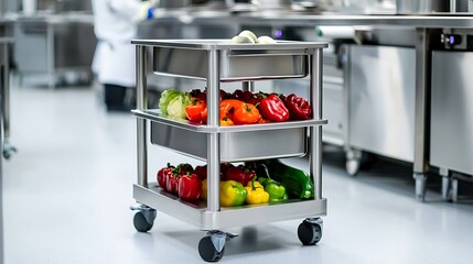 Stainless steel cart with fresh vegetables in a commercial kitchen.