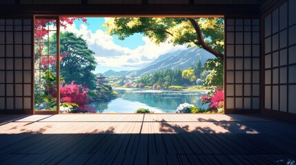 Open Shoji screens revealing a beautiful lake and pink cherry blossom,banner for travel japan concept,isolated on white background,copy space.