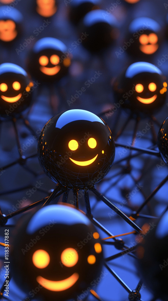 Poster 3d-rendered neural network backdrop with smiling customer support avatars.
