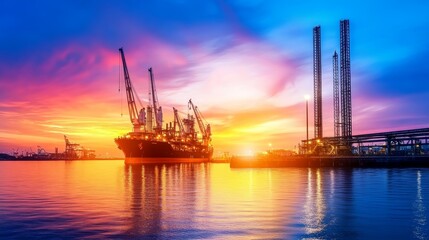 Obraz premium A vibrant sunset over a harbor with ships and cranes reflecting on the water.