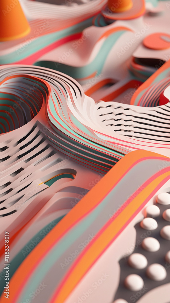 Poster 3d-rendered road design leading to a vacation spot layered with minimal abstract patterns.