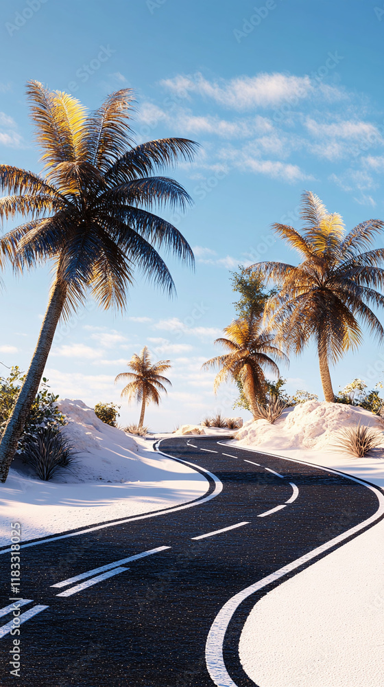 Poster 3d-rendered road design leading to a vacation spot layered with minimal abstract patterns.
