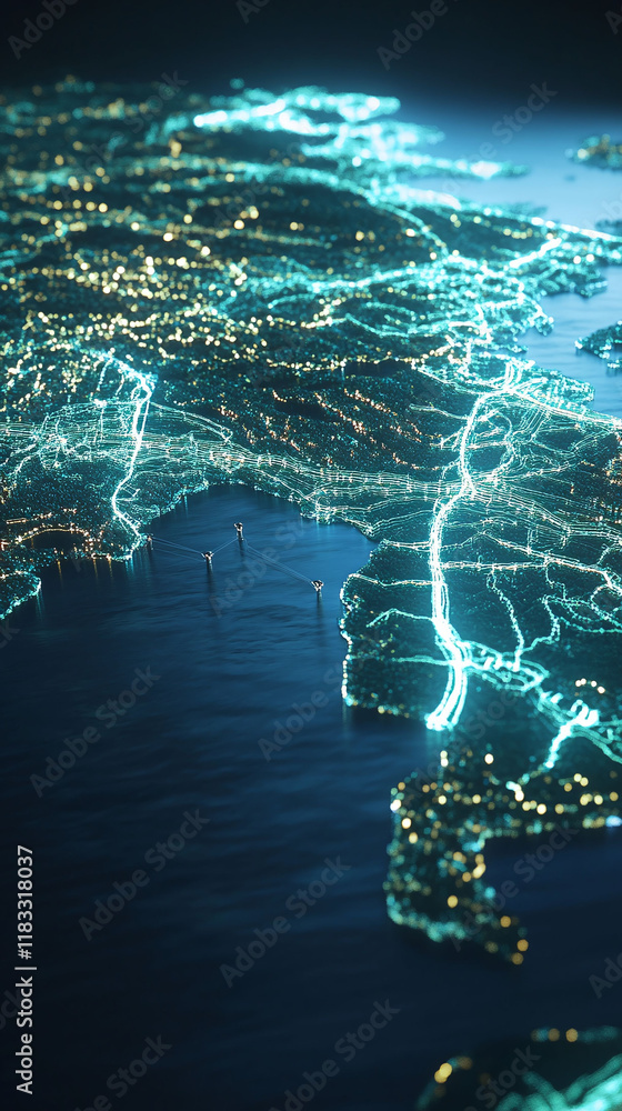 Poster 3d holographic map of energy distribution networks emphasizing clean solutions.