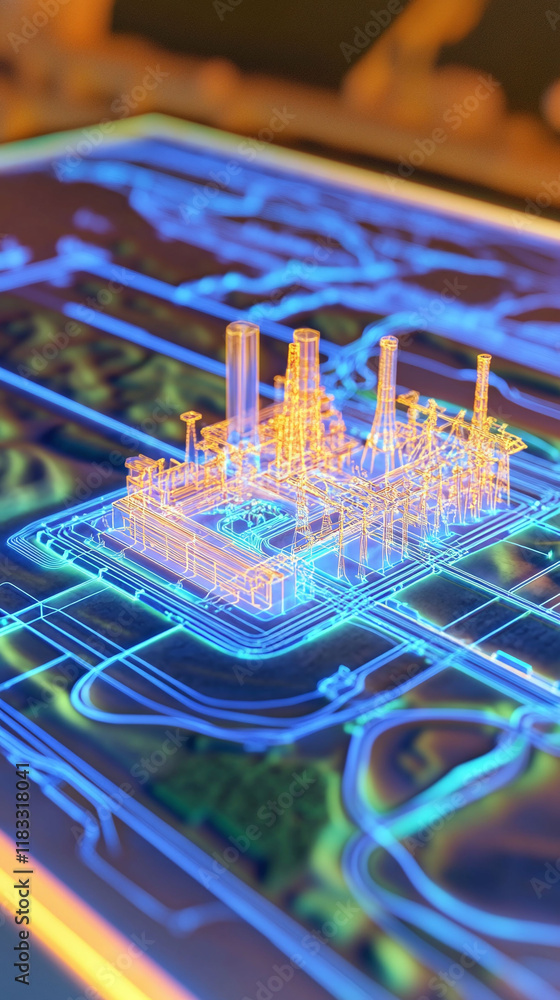 Poster 3d holographic map of energy distribution networks emphasizing clean solutions.