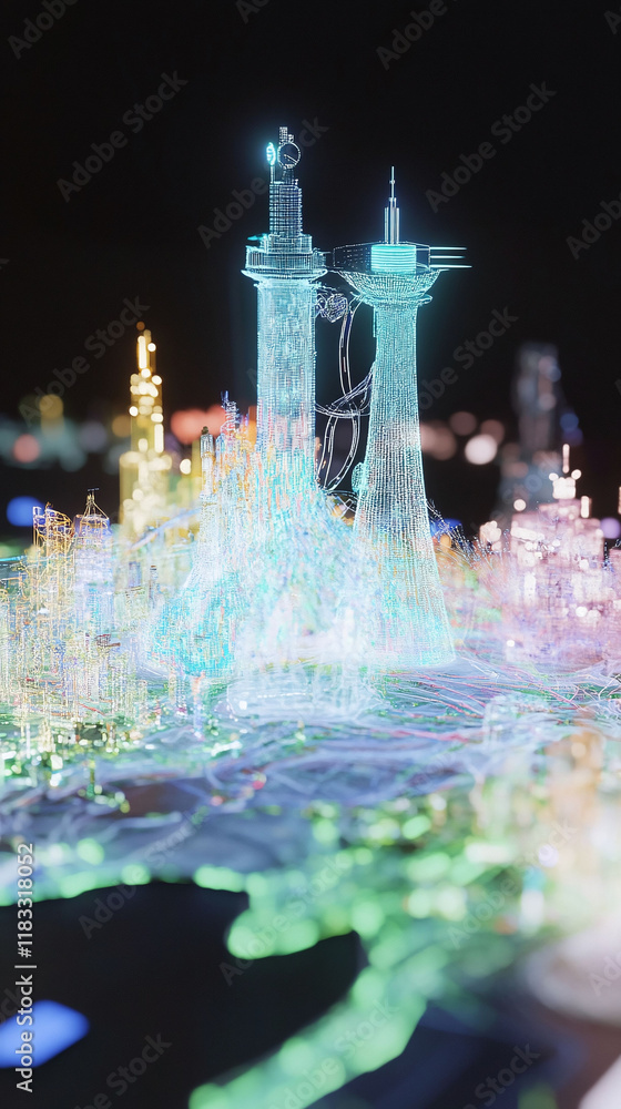 Poster 3d holographic map of energy distribution networks emphasizing clean solutions.