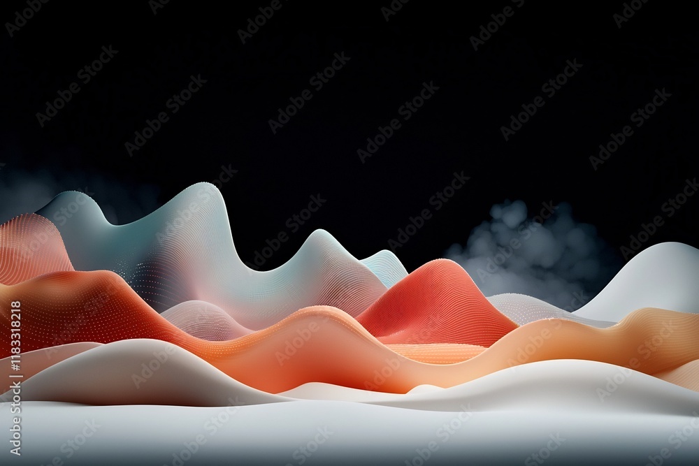 Poster captivating surreal pastel colored dots and lines forming a wave like pattern across a mountainous t